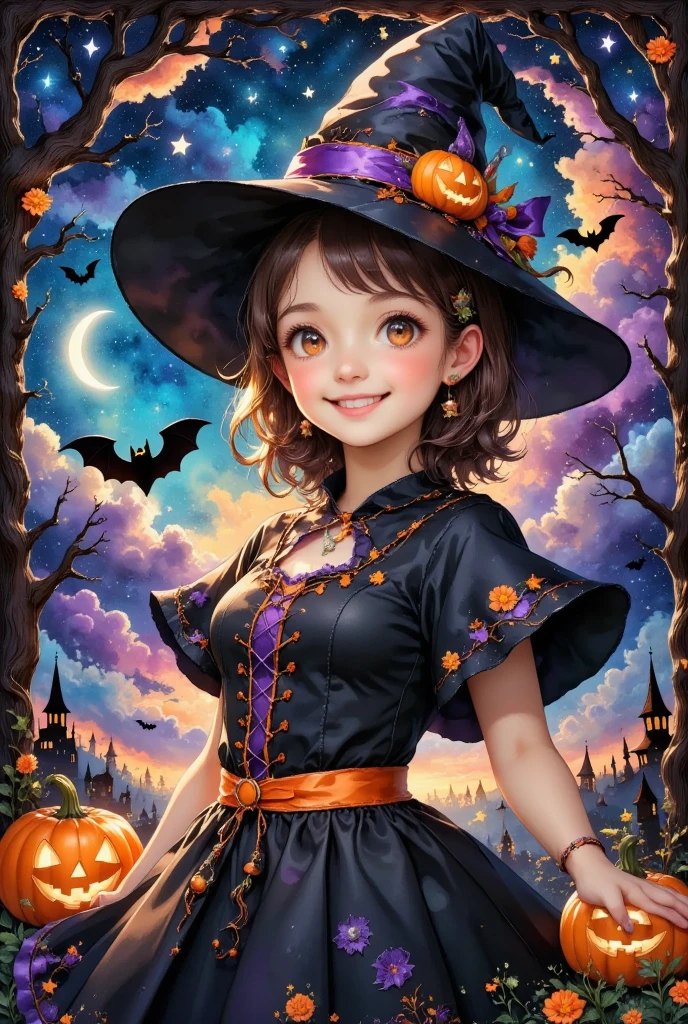 cute girl wearing a Halloween witch costume, (best quality,4k,8k,highres,masterpiece:1.2),ultra-detailed,(realistic,photorealistic,photo-realistic:1.37),1girl,beautiful detailed eyes,beautiful detailed lips,extremely detailed eyes and face,longeyelashes,dynamic pose,smiling,alone,anatomically correct,perfect anatomy,beautiful as a dream,halloween background,night sky,dark fantasy,magical,whimsical,vibrant colors,dramatic lighting,cinematic,fantasy art