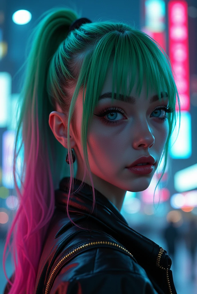 a woman, realistic character, green hair with pink streaks, blue eyes, anime, alone, modern, cyberpunk, (best quality,4k,8k,highres,masterpiece:1.2),ultra-detailed,(realistic,photorealistic,photo-realistic:1.37),detailed face and features,intricate hair details,beautiful detailed eyes,beautiful detailed lips,extremely detailed eyes and face,long eyelashes,moody lighting,neon city backdrop,futuristic cityscape,glowing holographic elements,vibrant color palette,dramatic shadows and highlights,cinematic composition