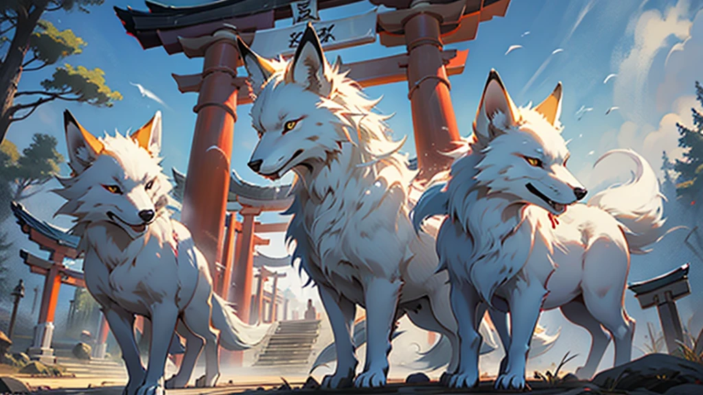 nine tail white fox, torii gate background. 