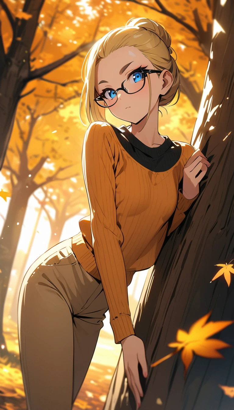 anime style,(best quality,4k,8k,highres,masterpiece:1.2),ultra-detailed, perfect eyes, perfect face, perfect lighting, photo,BREAK,
((loli)),skinny,flat chested,(forehead,hair slicked back:1.3),Beautiful blonde hair,(blue eyes),(black nodoka glasses),thick bluish eyeshadow, thin eyebrows, thick black eyeliner, Highlighted eyes with eyeliner, false eyelashes,BREAK,
orange shaggy knit,(Beige pants above the knee),Knee-high boots,BREAK,
Leaning against a tree with autumn leaves