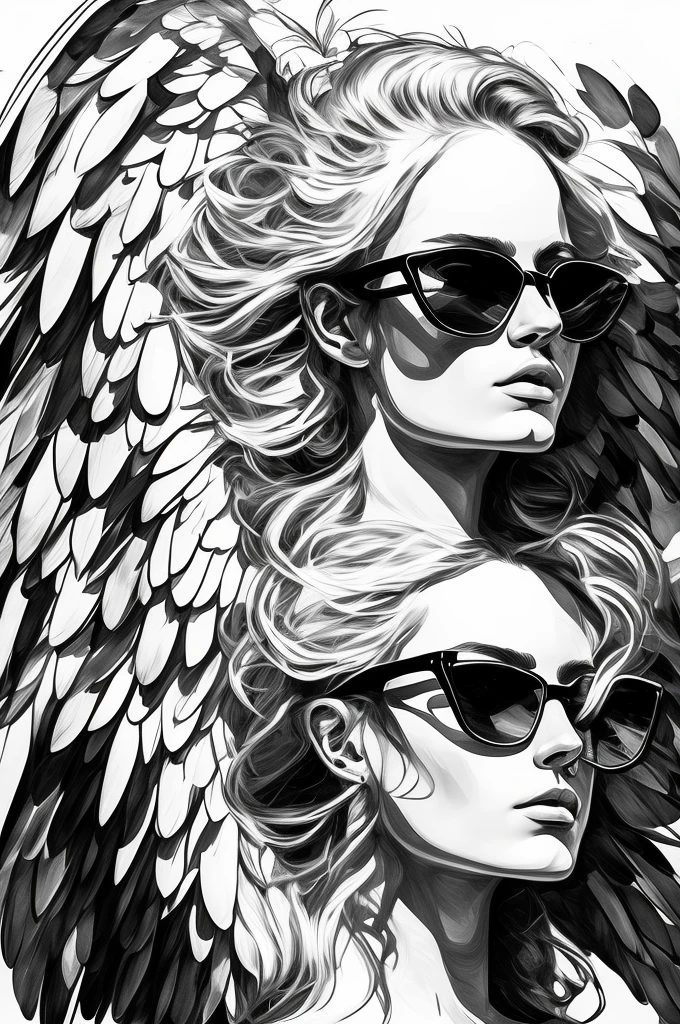 Angel with sunglasses portrait,   one head expresionism, drawing style, sketch, artistic composition, black and white 