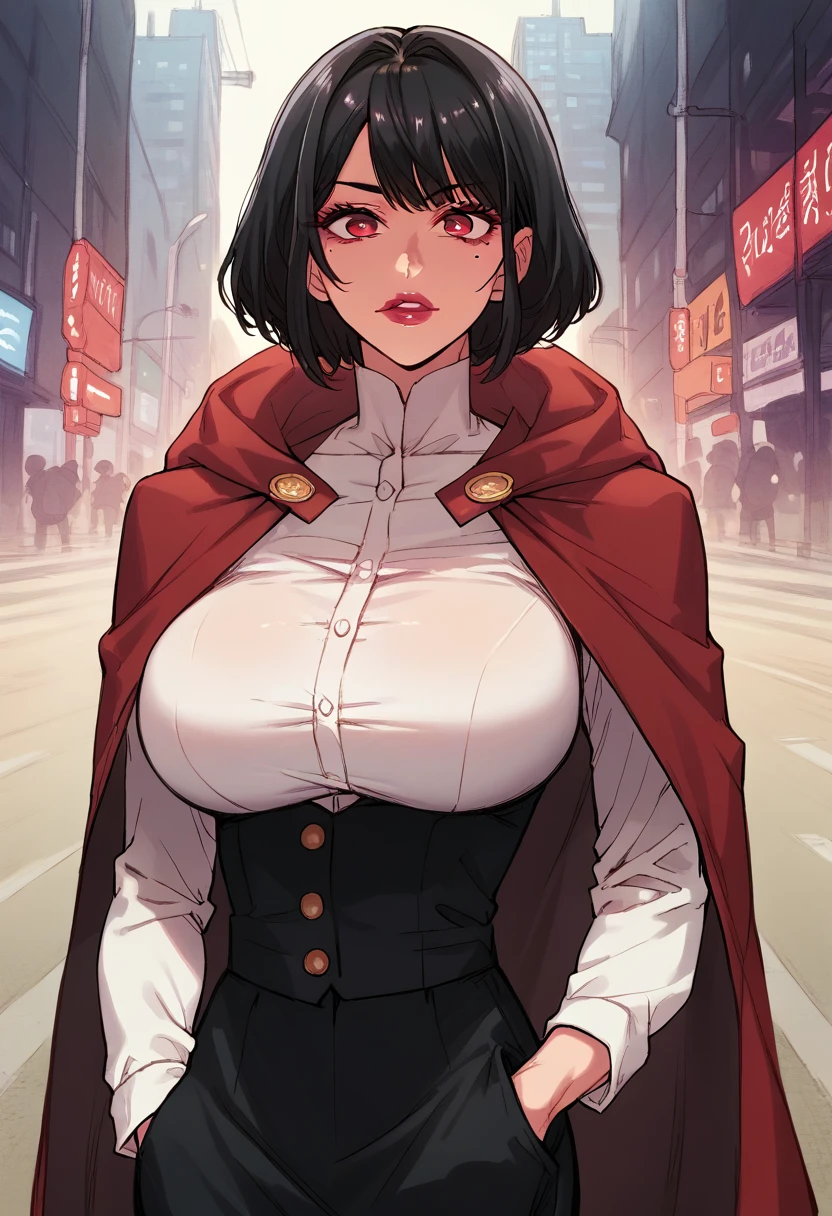 score_9, score_8_up, score_7_up, score_6_up, score_5_up, score_4_up, source_anime, close-up, SFW, 1girl, slim body, [big breast], red eyes, short black hair, pretty lipstick, mole under eye, wearing black tuxedo, red cloak, one hand in pocket, standing on rooftops, 80s night city background, soft lighting, detailed face