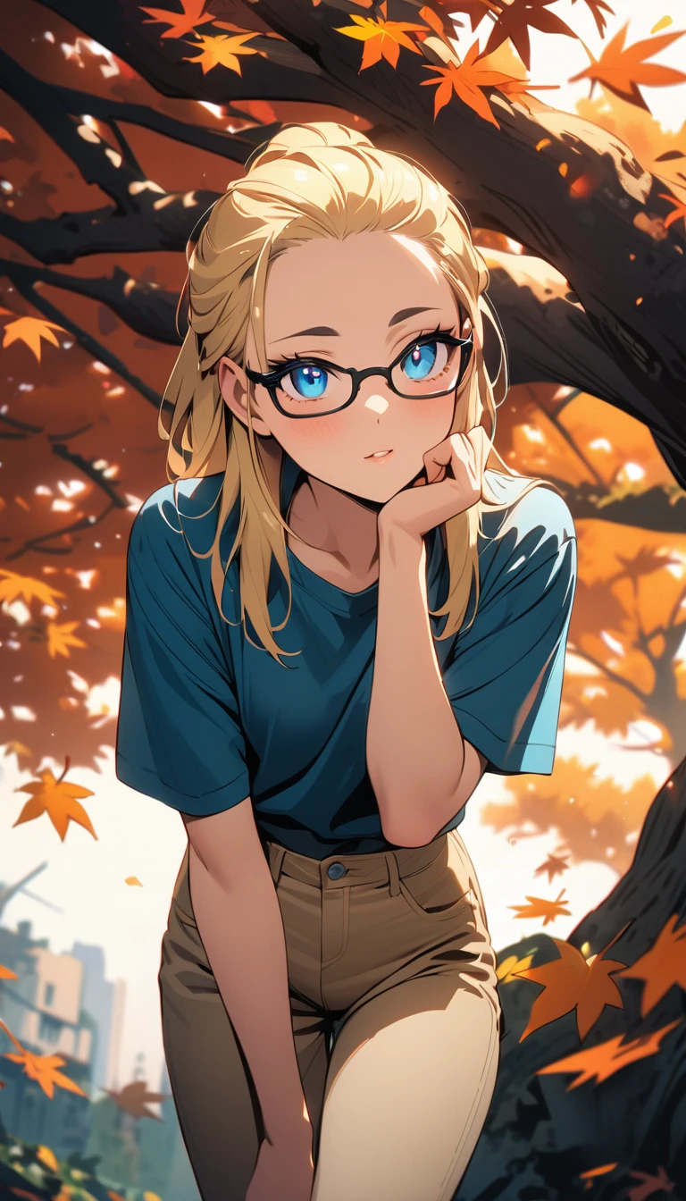 anime style,(best quality,4k,8k,highres,masterpiece:1.2),ultra-detailed, perfect eyes, perfect face, perfect lighting, photo,BREAK,
((loli)),skinny,flat chested,(forehead,hair slicked back:1.3),Beautiful blonde hair,(blue eyes),(black nodoka glasses),thick bluish eyeshadow, thin eyebrows, thick black eyeliner, Highlighted eyes with eyeliner, false eyelashes,BREAK,
orange shaggy knit,(Beige pants above the knee),Knee-high boots,BREAK,
Leaning against a tree with autumn leaves