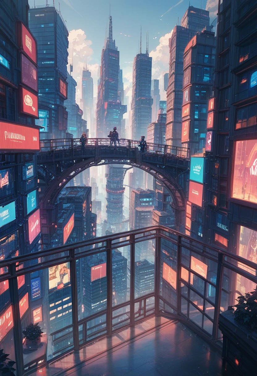 score_9, score_8_up, score_7_up, score_6_up, masterpiece, high quality, cyberpunk, city, signboards, bridges, staircases, 1girl, standing on the balcony, back view