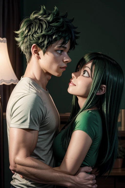 "Midoriya Izuku and Tsuyu Asui, couple kissing in front of a lamp, in a dark room", Tsuyu Asui kissing Midoriya Izuku, 8k)), BREAK, (Tsuyu Asui long green hair), BREAK, (Midoriya Izuku hair short green), remarkable art, 8k, professional digital art, photorealistic anime