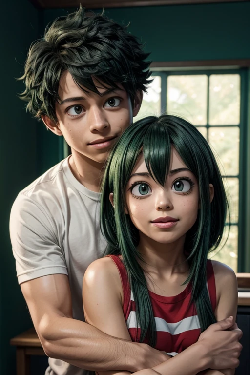 "Midoriya Izuku and Tsuyu Asui, couple kissing in front of a lamp, in a dark room", Tsuyu Asui kissing Midoriya Izuku, 8k)), BREAK, (Tsuyu Asui long green hair), BREAK, (Midoriya Izuku hair short green), remarkable art, 8k, professional digital art, photorealistic anime