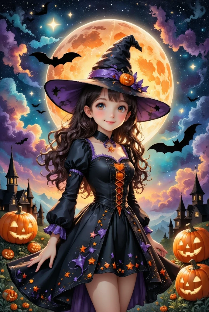 cute girl wearing a Halloween witch costume, (best quality,4k,8k,highres,masterpiece:1.2),ultra-detailed,(realistic,photorealistic,photo-realistic:1.37),1girl,beautiful detailed eyes,beautiful detailed lips,extremely detailed eyes and face,longeyelashes,dynamic pose,smiling,alone,anatomically correct,perfect anatomy,beautiful as a dream,halloween background,night sky,dark fantasy,magical,whimsical,vibrant colors,dramatic lighting,cinematic,fantasy art