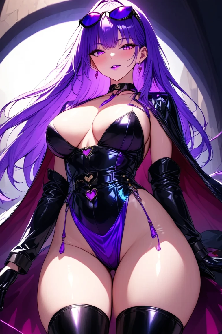 Best Quality, Extremely Detailed Description , Incredibly Absurd High Definition ,Curvaceous body,Female executive of an evil organization,Black latex military costume, shiny black bondage dress with intricate structure, wearing sunglasses on her head,Military cloak,Leather thigh-high boots, Long Gloves ,Leather Choker, black tights,Leather thigh-high boots, High Heels ,Glowing purple eyes, Half-Closed Eyes , eyeshadow,A seductive smile,Purple lipstick,Shadowed face, Shiny Skin ,Beautiful legs,Whipping up a long whip :1.2,Full body image