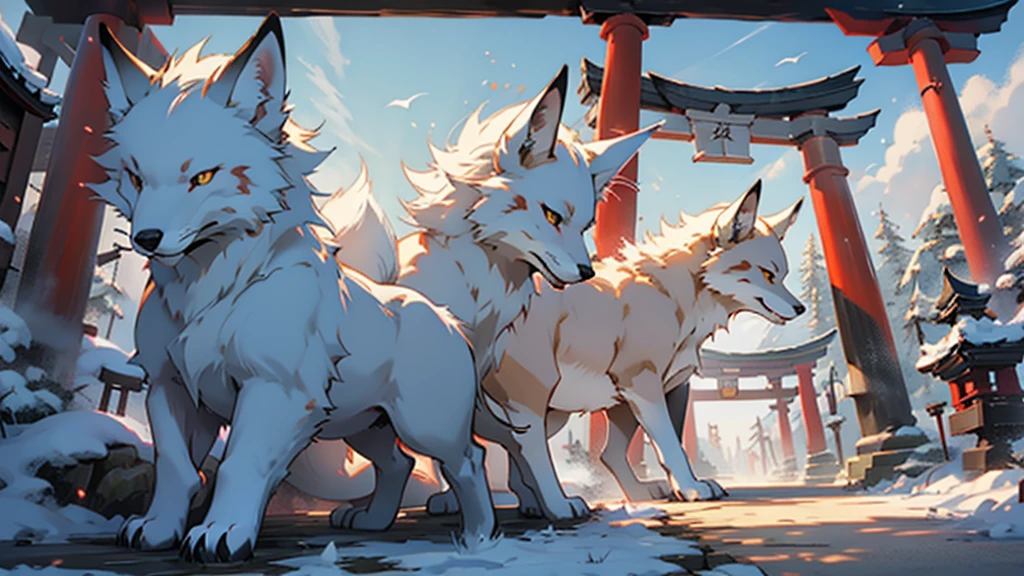 nine tail white fox, torii gate background. 