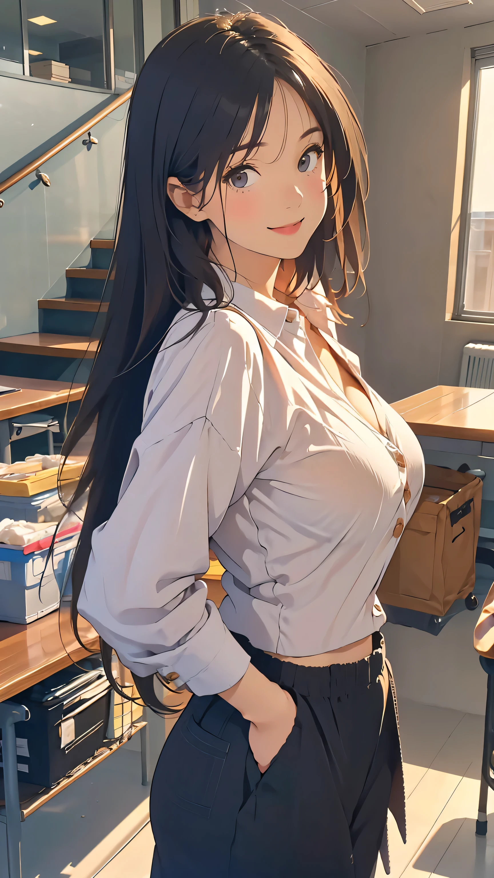 (adult woman: 1.2), black hair, golden eyes, pretty little mouth, beige skin, (2 pigtails: 1.2), smiling,big bbobswhite pull, black leggings destroy ,