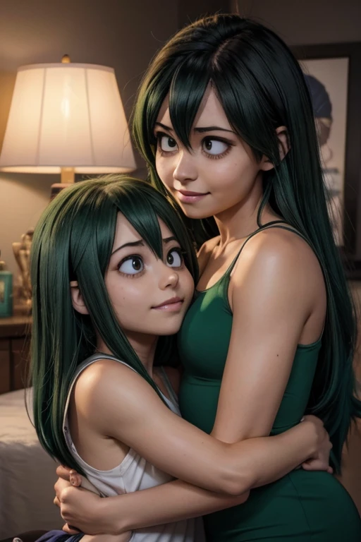 "Midoriya Izuku and Tsuyu Asui, couple kissing in front of a lamp, in a dark room", Tsuyu Asui kissing Midoriya Izuku, 8k)), BREAK, (Tsuyu Asui long green hair), BREAK, (Midoriya Izuku hair short green), remarkable art, 8k, professional digital art, photorealistic anime