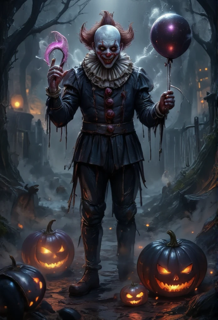 Creepy illustration of Ronald McDonald, the "best friend of ren," standing in an eerie, shadowy playground under a dark, stormy sky. Ronald has a sinister grin with exaggerated, sharp teeth, his clown makeup smeared slightly, and hollow, haunting eyes that glint with a creepy light. He holds a dark, tattered Halloween balloon, and his clown suit is torn and dirty. Fog rolls in around him, creating a ghostly atmosphere, while distant whispers echo, giving an unsettling vibe. Above him, the words "Wishing You a Terrifying Halloween!" are written in a dripping blood-red font.