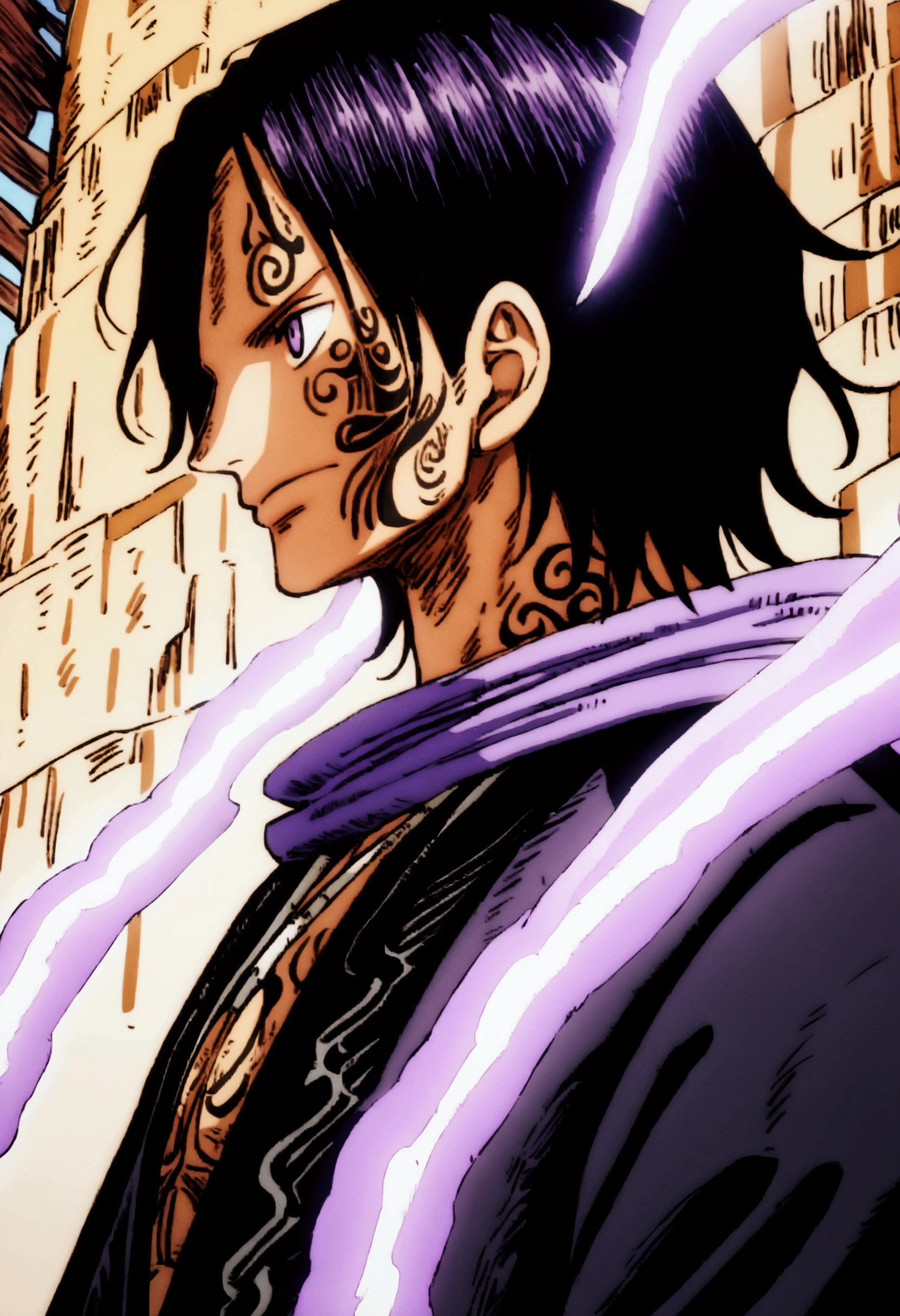 A one piece boy with black hair (some purple locks of hair), who wear a dark suit and have multiple tattoos, handsome, pretty face, young, cute boy, short hair down