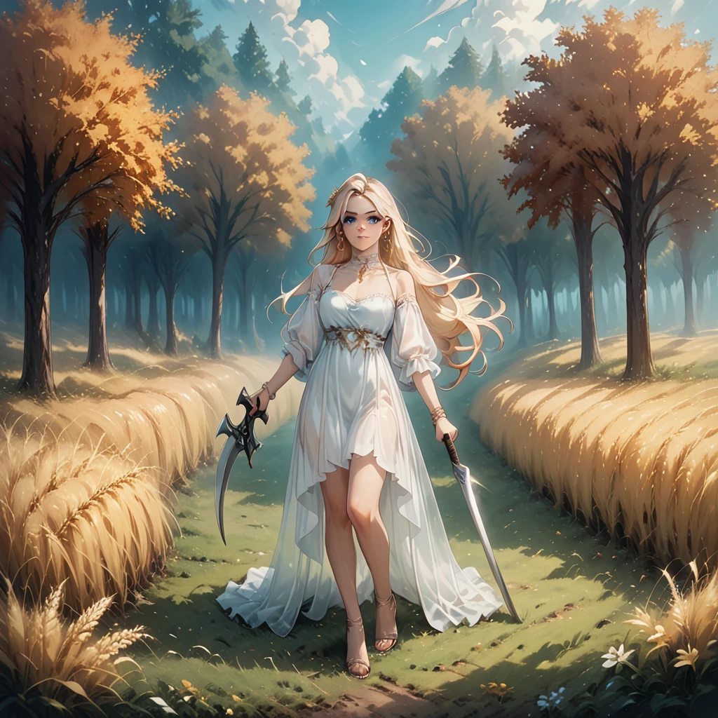 a ghostly see-through ethereal figure in a flowing white dress, with long blonde hair, piercing blue eyes, holding a reaper sickle, standing in a sunny wheat field with orange trees in the background, fall vibes, perfect face
