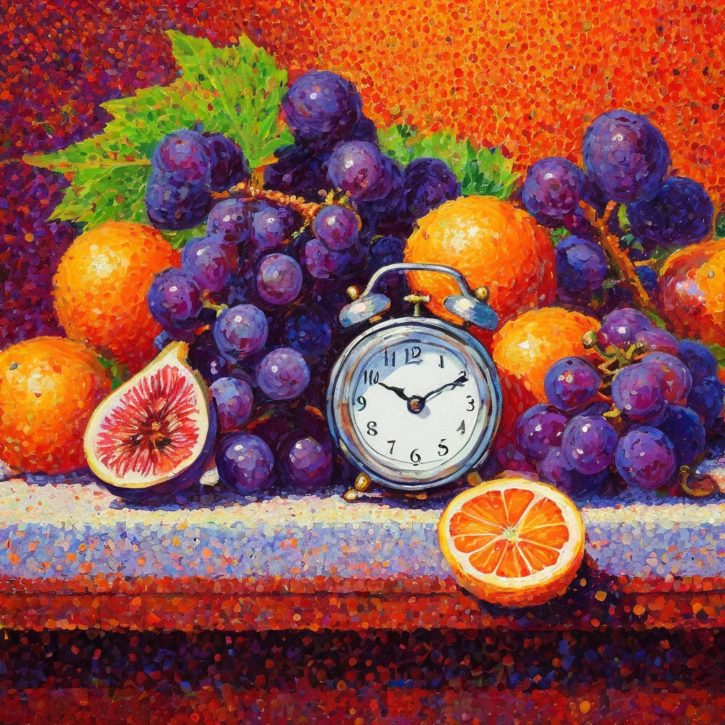 Top quality, super detailed, ((Pointillism)), (vivid neon colors), ultra-impressionism, abstraction, still life, table clock, grapes, figs, orange, lively atmosphere,