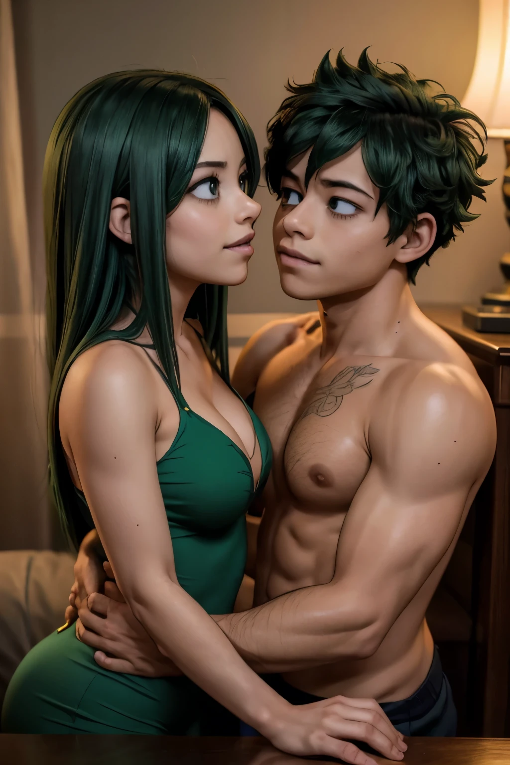 "Midoriya Izuku and Tsuyu Asui, couple kissing in front of a lamp, in a dark room", Tsuyu Asui kissing Midoriya Izuku, 8k)), BREAK, (Tsuyu Asui long green hair), BREAK, (Midoriya Izuku hair short green), remarkable art, 8k, professional digital art, photorealistic anime