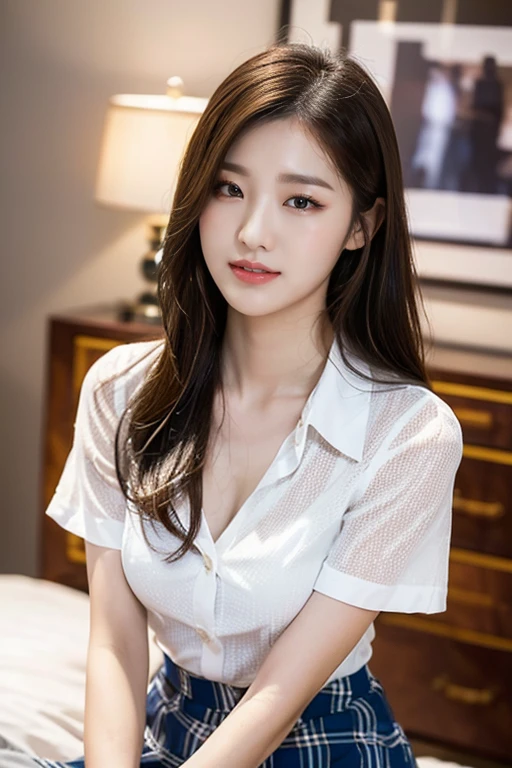 first-person-view, (masterpiece:1.3), high resolution, ultra detailed, extremely detailed CG unity 8k wallpaper, realistic, photo-realistic, RAW photo, beautiful detailed face, pale skin, realistic glistening skin, detailed cloth texture, detailed hair texture, Perfect body, Beautiful Face, accurate, Anatomically correct, Highly detailed face and skin texture, natural neck length, (beautiful hands), (fair skin:1.2), Thin legs, Thin feet,
BREAK,
Detailed eyes, symmetric eyes, Light Brown eyes, Double eyelids, Thin eyebrows, (Glossy lips:1.4), ((gently smile:1.2)), (blush:1.1),
BREAK,
(A Classy and Cute girl:1.3), (wearing a classy (Light Purple) Button shirt:1.2), (Navy long irregular hem skirt:1.2), close the button, (long skirt),
medium breasts, (slender figure:1.1), firm abs, beautiful clavicle,
(Dark blonde hair, wavy hair, long hair:1.2), ((asymmetrical bangs:1.2)),
BREAK,
((Guts pose:1.3))
((in the modern office of Japan)), (Cowboy shot:1.2), looking at viewer, view from slightly below,