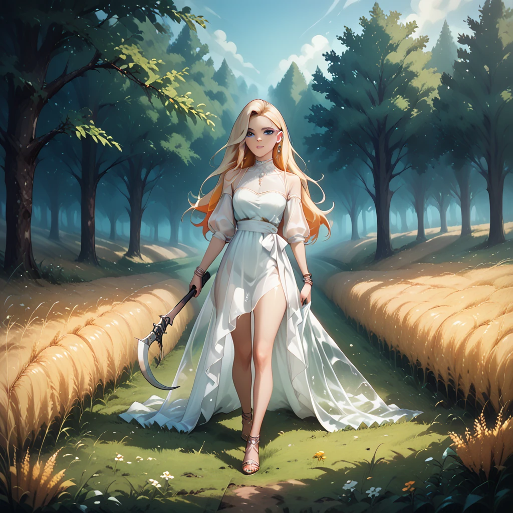 a ghostly see-through ethereal figure in a flowing white dress, with long blonde hair, piercing blue eyes, holding a reaper sickle, standing in a sunny wheat field with orange trees in the background, fall vibes, perfect face
