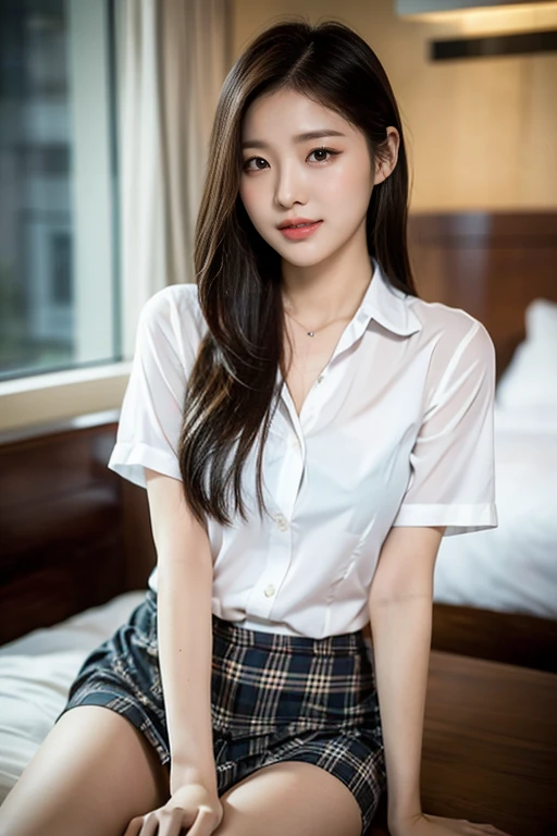 (A stunning Korean lady at night, sitting in bedroom, wearing a white button-down short-sleeve blouse, plaid skirt, youthful charms, smooth complexion, beautiful detailed face, beautiful detailed eyes and lips, long eyelashes, slender figure, perfect body proportion, friendly expression, snaggle-tooth, cute dimples, kind smile, short hair, side ponytail, long straight hair, a confident & poised demeanor. 

Blurred background, Bokeh effect. (best quality,4k,8k,highres), (masterpiece:1.28),ultra-detailed,(realistic,photorealistic,photo-realistic:1.37),
HDR,UHD,studio lighting,ultra-fine painting,
sharp focus,physically-based rendering,extreme detail description,professional,vivid colors, SFW, Safe for Work, cowboy shot, Close-up Shot, High Angle Shot, head to toe,)