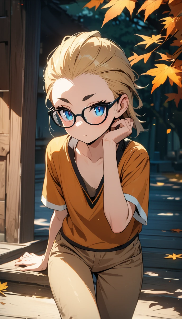 anime style,(best quality,4k,8k,highres,masterpiece:1.2),ultra-detailed, perfect eyes, perfect face, perfect lighting, photo,BREAK,
((loli)),skinny,flat chested,(forehead,hair slicked back:1.3),Beautiful blonde hair,(blue eyes),(black nodoka glasses),thick bluish eyeshadow, thin eyebrows, thick black eyeliner, Highlighted eyes with eyeliner, false eyelashes,BREAK,
orange shaggy knit,(Beige pants above the knee),Knee-high boots,BREAK,
Leaning against a tree with autumn leaves