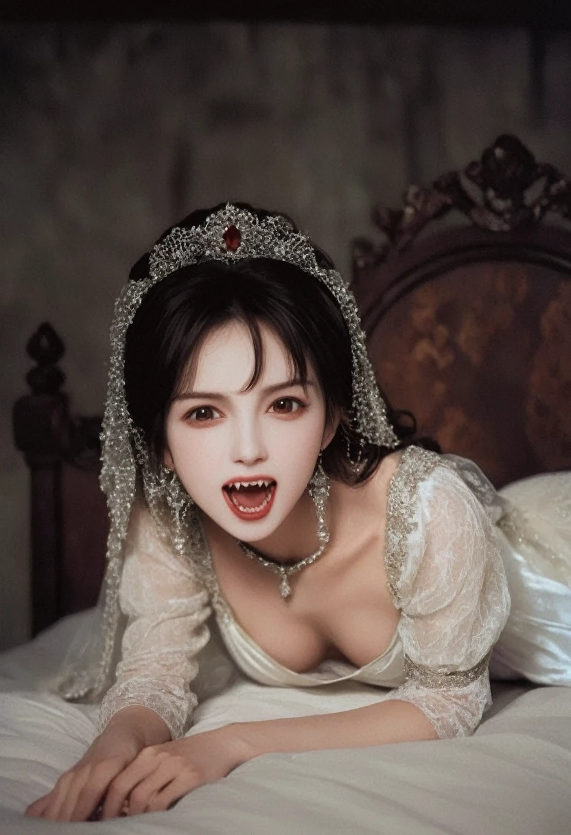 Full body photography、Still from the movie film ,  15th century 1897 Blood on a vampire's mouth and fangs wide open in front of a camera、Vampire Woman Kodak Eastman EXR 50D 5245 ,  EXR 500T 5296 movie-style film that recreates the scene of Dracula's bride ,  shallow depth of field , A pretty girl vampire sticks out her fangs and bites a man's neck, Bokeh,  cinemascope, Sulky, amazing, nice,  film grain, Rough