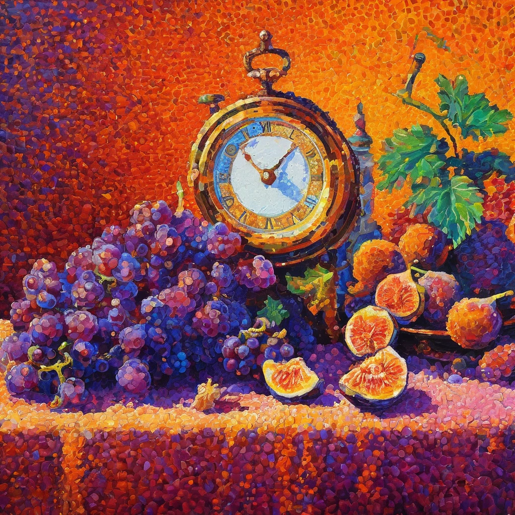 Top quality, super detailed, ((Pointillism)), (vivid neon colors), ultra-impressionism, abstraction, still life, table clock, grapes, figs, orange, lively atmosphere,