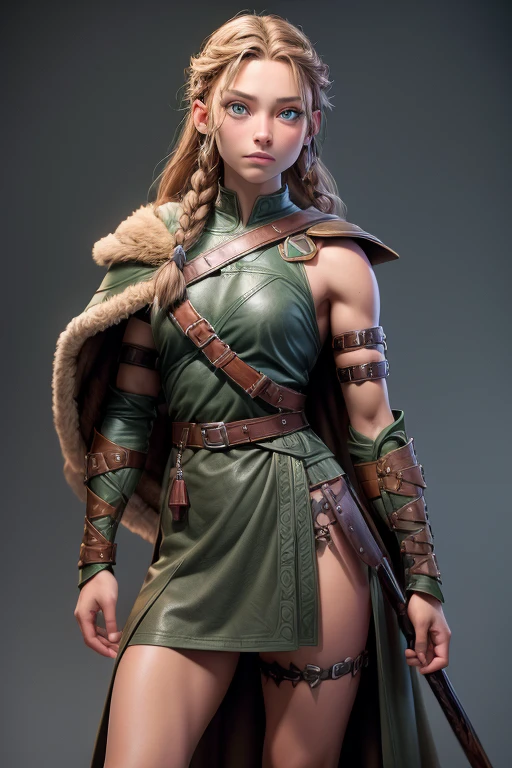 ( masterpiece ,  the best quality) (young warrior woman of nordic descent), (green eyes), (muscle shirt), (fur skirt), (Brown hair color),(loose hair with small braids on the scalp), (leather strap top) feathers, cape over the shoulder, bufas, (blue, gray and brown suit).