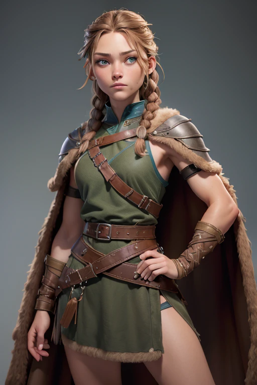 ( masterpiece ,  the best quality) (young warrior woman of nordic descent), (green eyes), (muscle shirt), (fur skirt), (Brown hair color),(loose hair with small braids on the scalp), (leather strap top) feathers, cape over the shoulder, bufas, (blue, gray and brown suit).