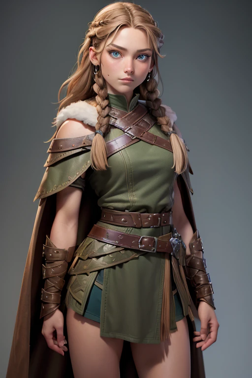 ( masterpiece ,  the best quality) (young warrior woman of nordic descent), (green eyes), (muscle shirt), (fur skirt), (Brown hair color),(loose hair with small braids on the scalp), (leather strap top) feathers, cape over the shoulder, bufas, (blue, gray and brown suit).