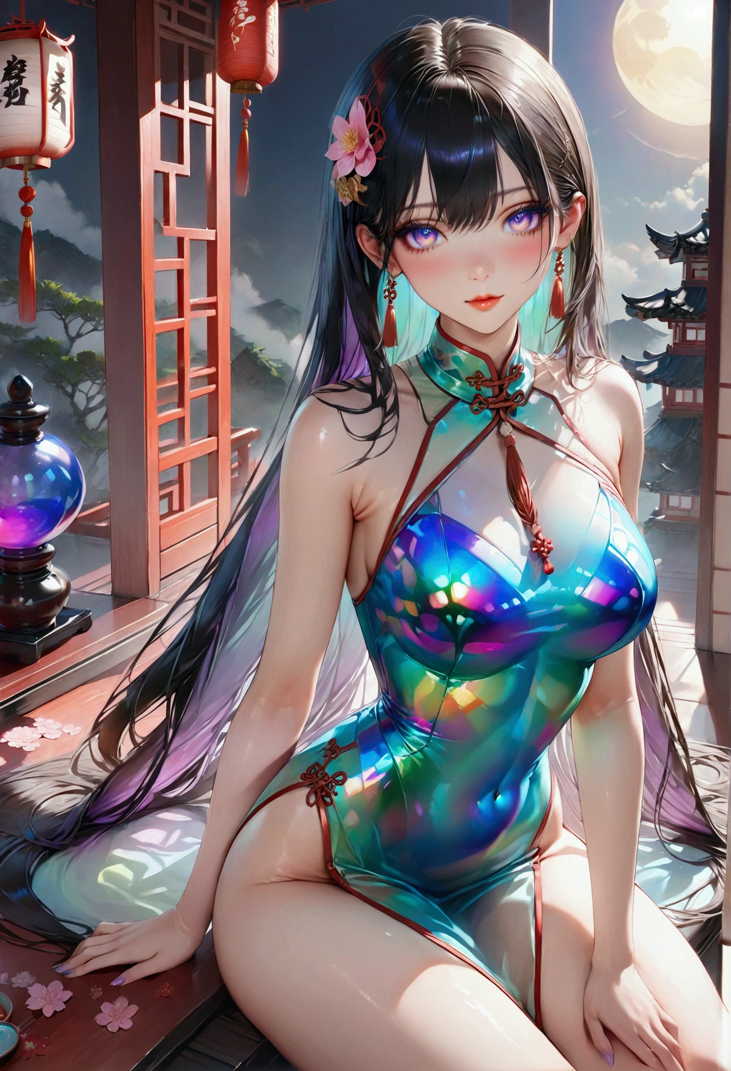(masterpiece), best quality, expressive eyes, perfect face, Girl,long dark iridescent hair, iridescent eyes, small waist, medium chest, large thighs,hanfu,