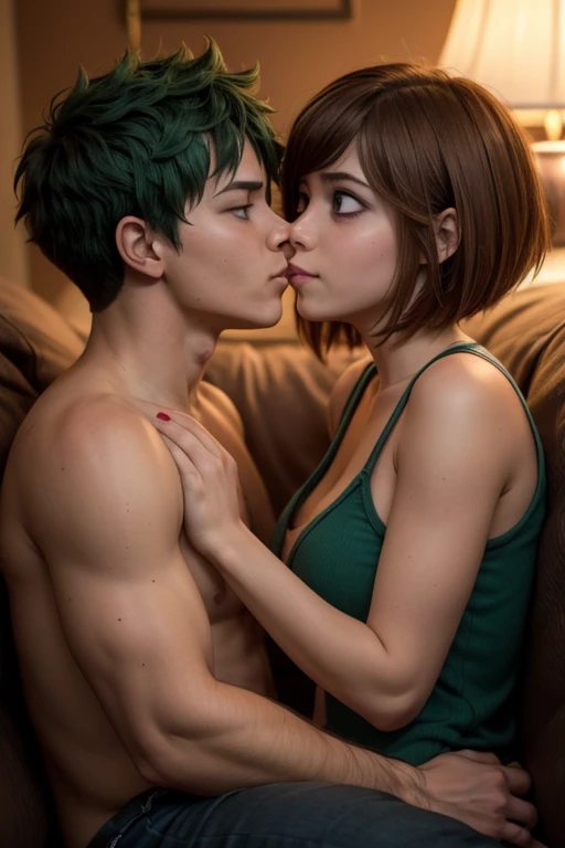 "Midoriya Izuku and Ochako Uraraka, couple kissing in front of a lamp, in a dark room", Ochako Uraraka kissing Midoriya Izuku, 8k)), BREAK, ((Ochako Uraraka short brown hair)), BREAK, ((o Midoriya Izuku short green hair)), remarkable art, 8k, professional digital art, photorealistic anime