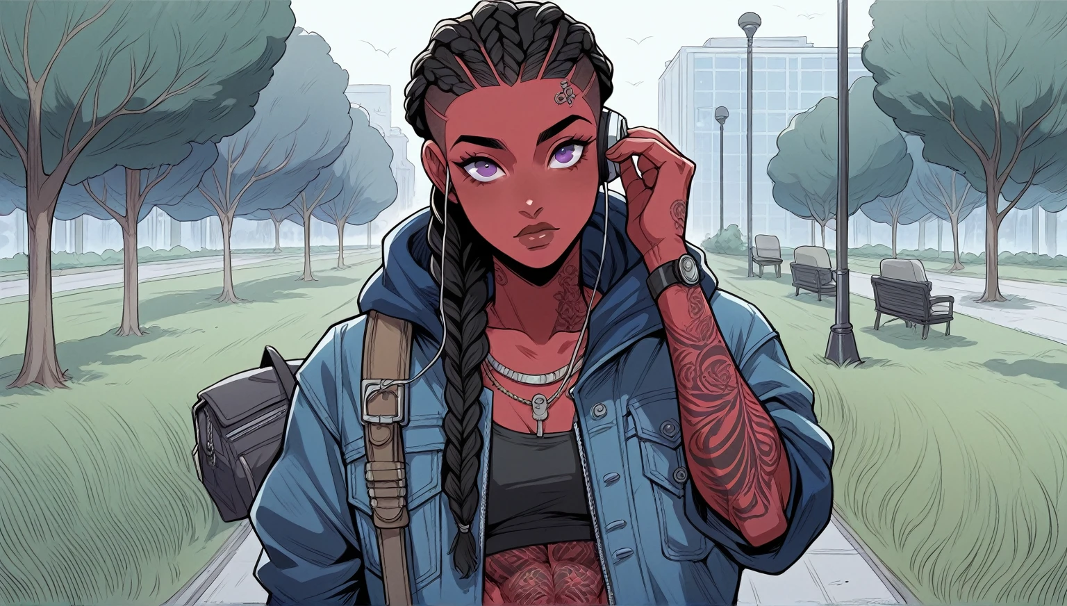 A young woman with red skin, black hair styled in a braided bob, African braid, and purple eyes, wearing streetwear,perfect eyes. She has visible street tattoos on her muscular, Athletic ,well-developed body. The scene shows her walking alone in a park. headphones in ears,The image is in a detailed illustration style. Comics 