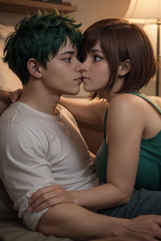 "Midoriya Izuku and Ochako Uraraka, couple kissing in front of a lamp, in a dark room", Ochako Uraraka kissing Midoriya Izuku, 8k)), BREAK, ((Ochako Uraraka short brown hair)), BREAK, ((o Midoriya Izuku short green hair)), remarkable art, 8k, professional digital art, photorealistic anime