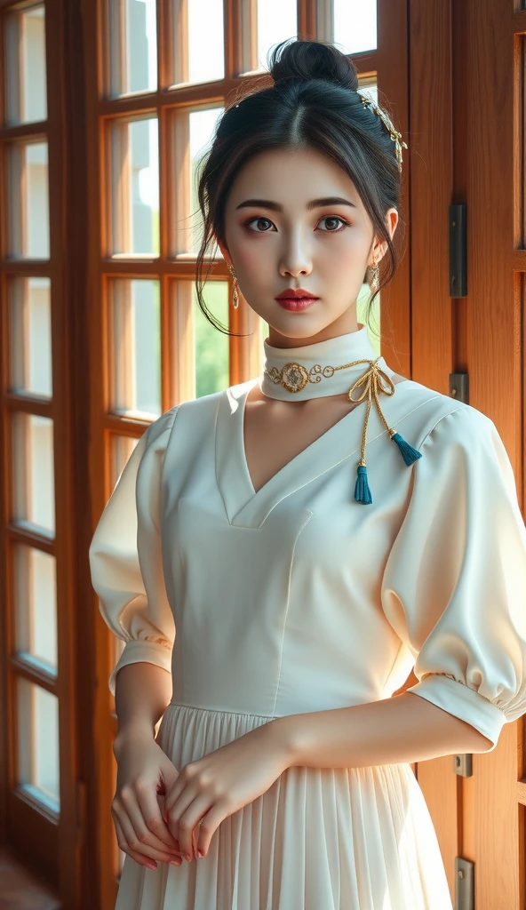 Standing by a wooden window where soft sunlight streams in, a young East-Asian woman gazes gently to the side with a calm and slightly thoughtful expression. Her outfit is an elegant, flowing white dress with delicate details that reflect both grace and refinement. The dress features puffed sleeves that end just above her elbows, lending a touch of vintage charm, while subtle pleats in the skirt add texture and movement. A light, ornamental scarf drapes over her shoulders, fastened with intricate embroidery and tasseled ribbons in soft blue and gold hues, accentuating her serene aura.

Her dark hair is styled in a loose updo, with wisps framing her face and a small, blue hair accessory that complements her outfit, adding a subtle splash of color. The natural lighting highlights her flawless, porcelain-like skin, giving it a soft, radiant glow. She holds her hands gently in front of her, exuding a poised, almost contemplative demeanor, as if she is lost in thought or savoring a quiet moment.

The warm, wooden tones of the window frame and background provide a rustic contrast to her pure, white attire, enhancing the softness of the scene. The atmosphere is tranquil, with a slightly nostalgic feel, as if capturing a timeless moment suspended in serenity. The soft light filtering through the window casts gentle shadows that create a depth, emphasizing the contours of her face and the delicate fabric of her dress. This image embodies a blend of classical elegance and peaceful introspection, drawing the viewer into a world of quiet beauty and reflection.