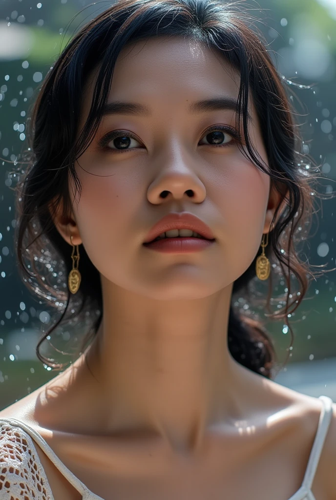 Beautiful Asian girl with, Her eyes shone like dreamy stars, glowing eyes, beautiful and detailed eyes, RAW photo,(high detailed skin:1), (realistic, photo-realistic:1.37), ultra high res, professional lighting , 8k uhd, dslr , high quality, film grain, Fujifilm XT3, RAW photo, lady, She looks sexy in the rain, her hair is wet, bare shoulders, emotional face