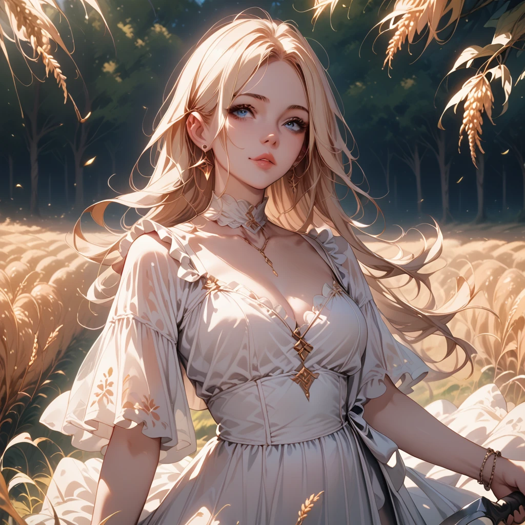 a ghostly see-through ethereal figure in a flowing white dress, with long blonde hair, piercing blue eyes, holding a reaper sickle, standing in a sunny wheat field with orange trees in the background, fall vibes, perfect face
