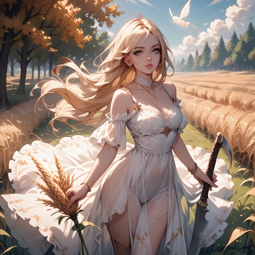 a ghostly see-through ethereal figure in a flowing white dress, with long blonde hair, piercing blue eyes, holding a reaper sickle, standing in a sunny wheat field with orange trees in the background, fall vibes, perfect face
