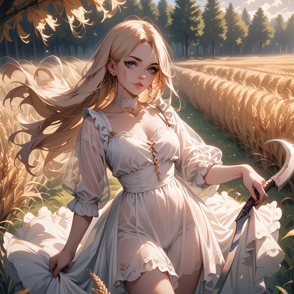 a ghostly see-through ethereal figure in a flowing white dress, with long blonde hair, piercing blue eyes, holding a reaper sickle, standing in a sunny wheat field with orange trees in the background, fall vibes, perfect face
