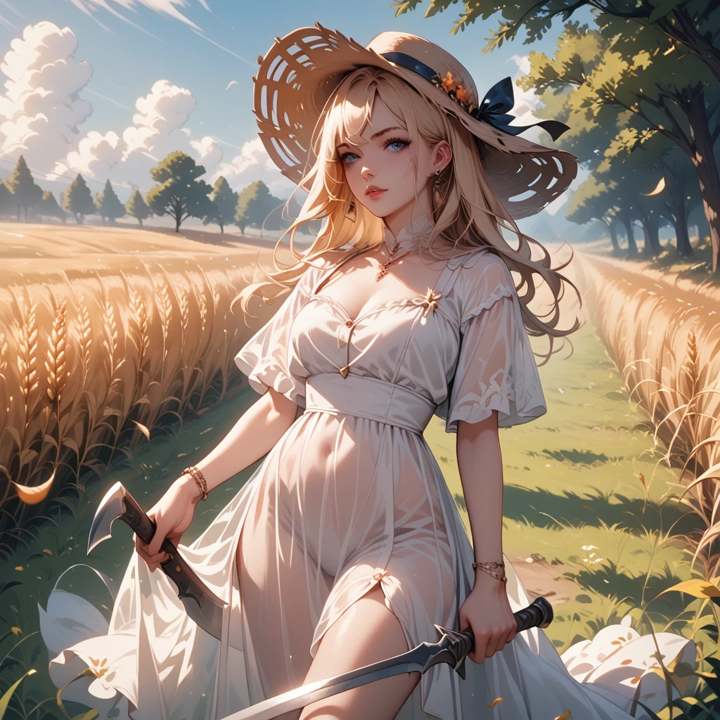 a ghostly see-through ethereal figure in a flowing white dress, with long blonde hair, piercing blue eyes, holding a reaper sickle, standing in a sunny wheat field with orange trees in the background, fall vibes, perfect face
