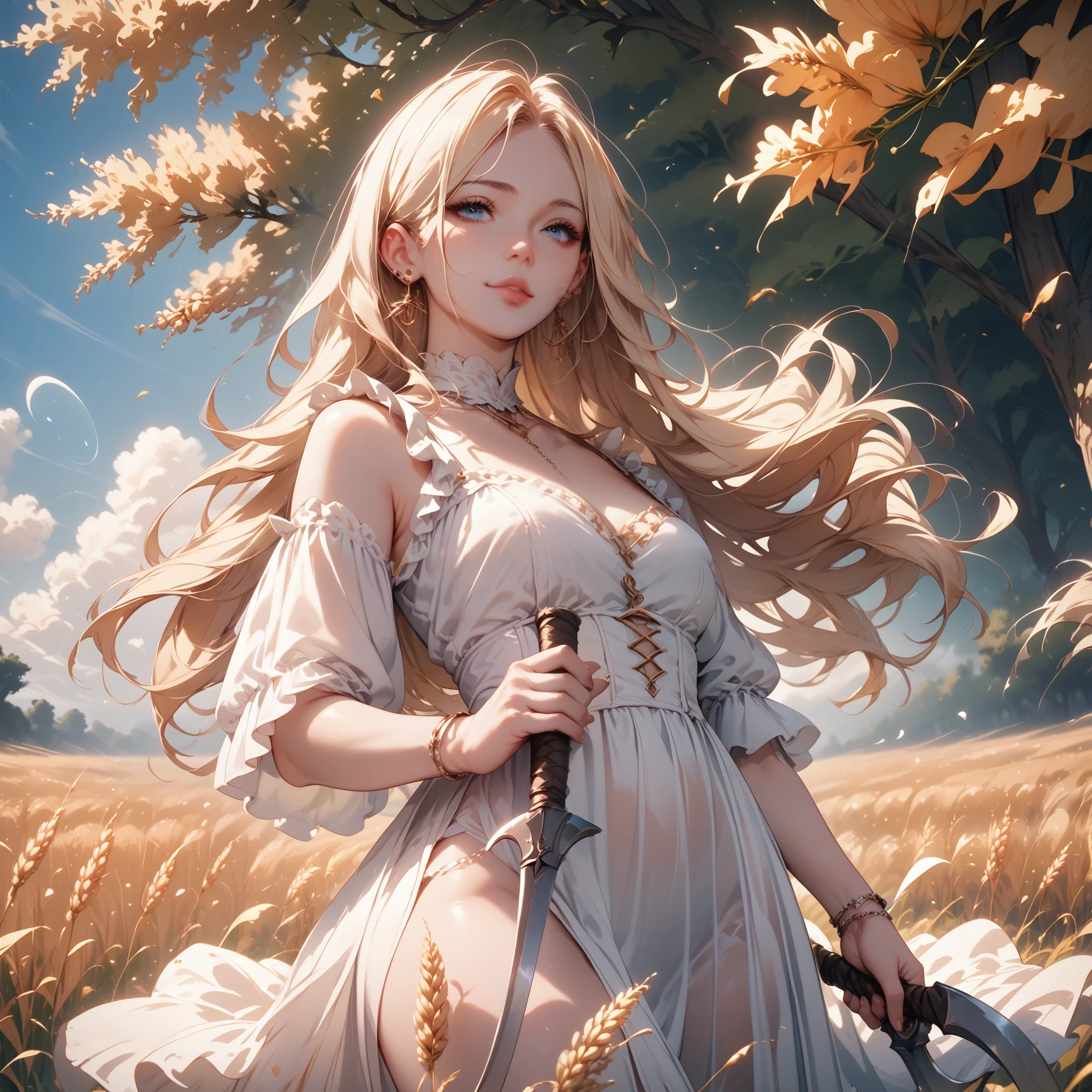 a ghostly see-through ethereal figure in a flowing white dress, with long blonde hair, piercing blue eyes, holding a reaper sickle, standing in a sunny wheat field with orange trees in the background, fall vibes, perfect face
