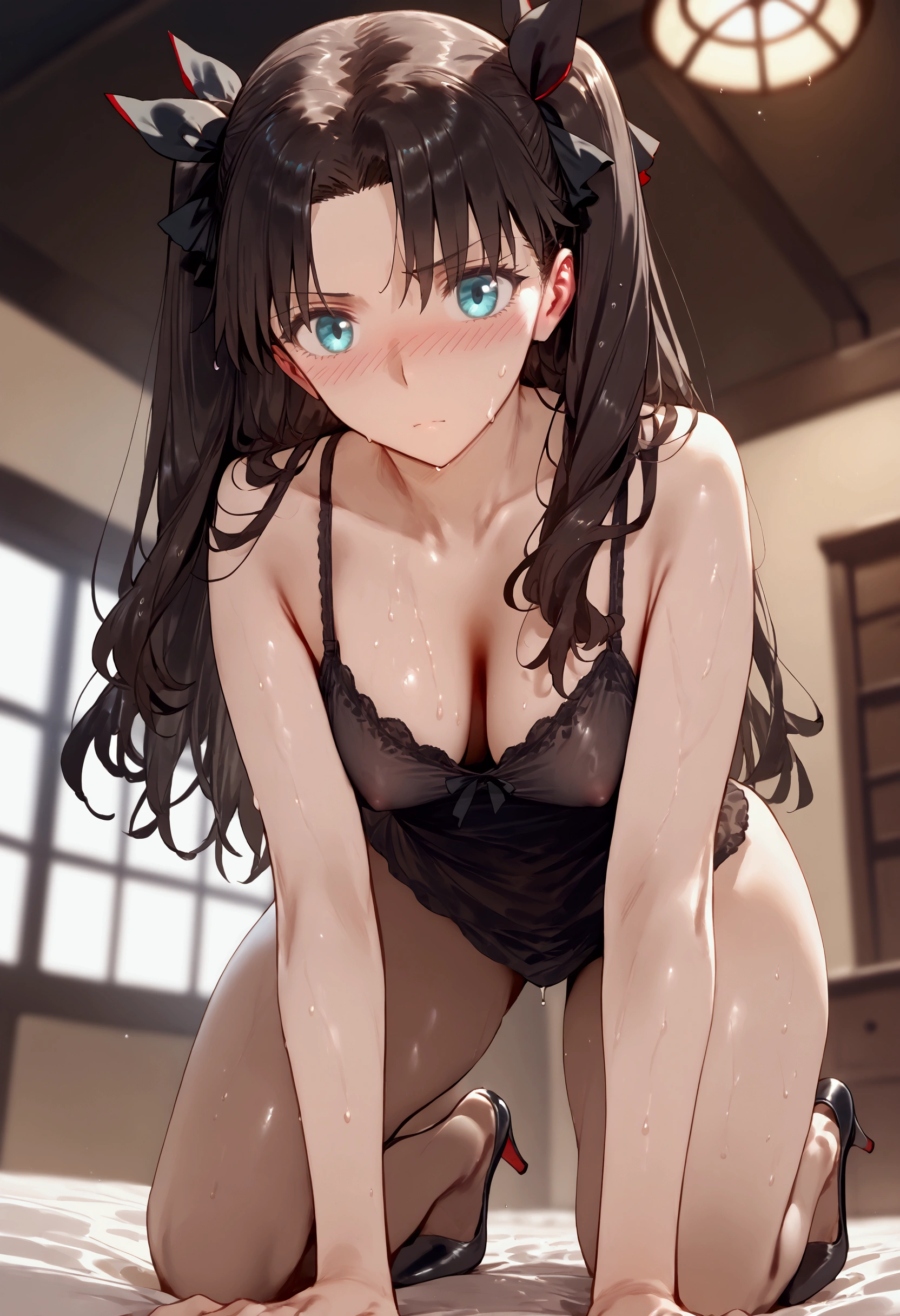 score_9, score_8_up, score_7_up,1girl, high heels,perfect body,tohsaka_by_wizard, looking at viewer, blush,cleavage, solo focus, all fours, ceiling, thighs, blurry background, camisole, wet, covered nipples, straddling, black camisole