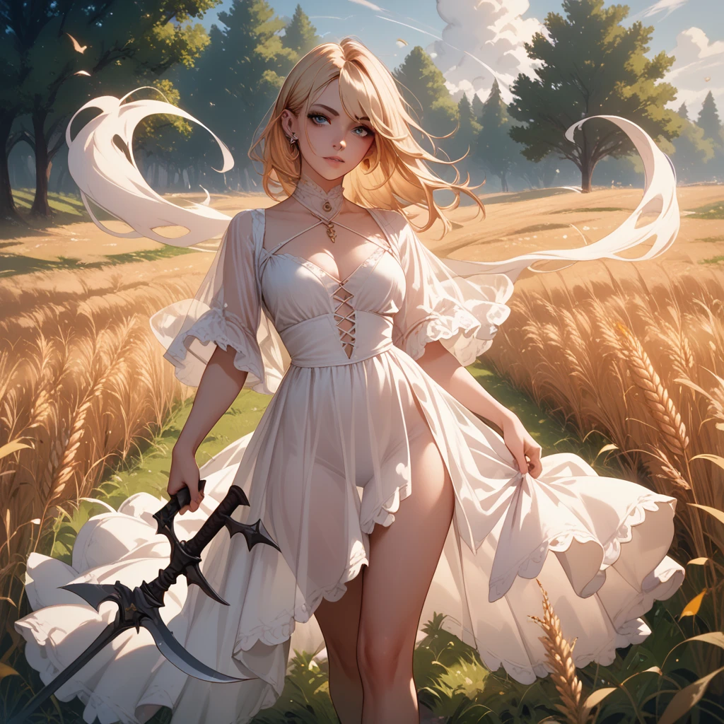 a ghostly see-through ethereal figure in a flowing white dress, with long blonde hair, piercing blue eyes, holding a reaper sickle, standing in a sunny wheat field with orange trees in the background, fall vibes, perfect face
