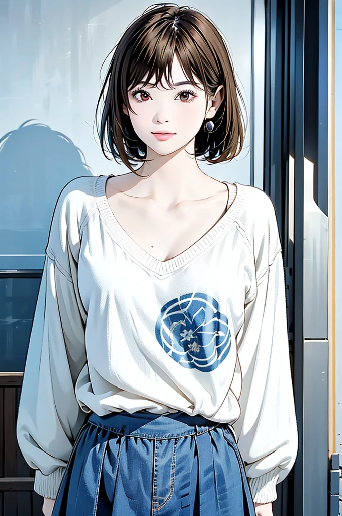 a beautiful woman, she wearing fluffy white wide sleeves sweater and long blue skirt, detailed portrait of seductive smile woman with asymmetrical brown bob with one side tucked behind her ear, pale skin, attractive lips, detailed face, upturned eyes, hand in own hair, (masterpiece, best quality, 8k), hyperrealistic, photorealistic, cinematic lighting, dramatic moody colors, intricate details, blue theme, background is colorful graffiti arti and plumbing on a concrete wall ,shadow, ,extra details, shallow depth of field, hanako