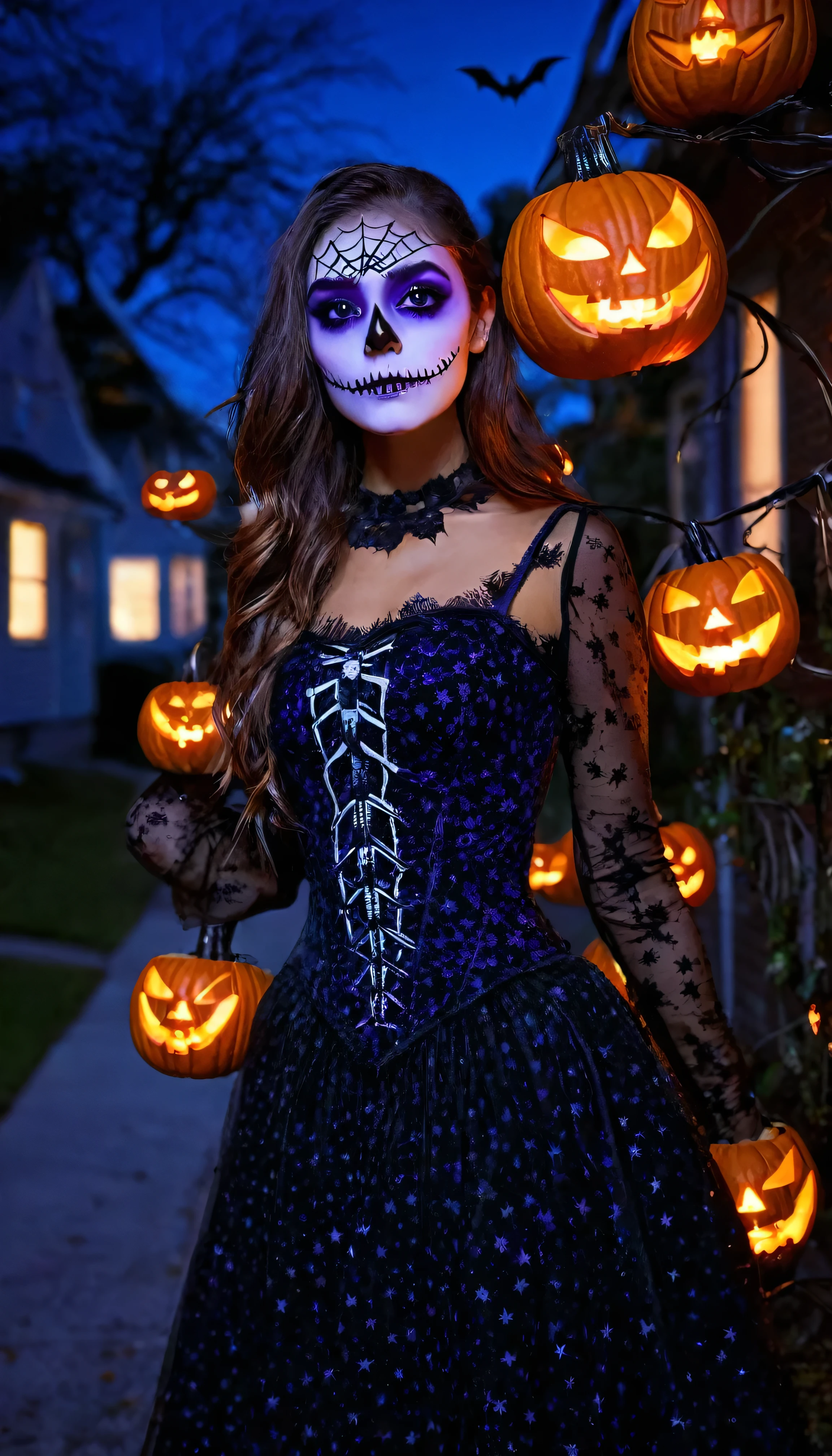 Realistic photo of a young woman standing in a Halloween-themed street at night, with all houses decorated with Halloween lights and pumpkins. The woman has detailed Halloween makeup, including spooky face paint (makeup:1.3). She is wearing a dark outfit with intricate patterns, with soft fabric texture and details on her dress (dress details:1.2). The night sky above is filled with twinkling stars, creating a clear, dark-blue backdrop (starry sky:1.2). The street is illuminated with soft, eerie orange and purple lighting, enhancing the Halloween decorations on each house. Shadows from the lights fall realistically on her face and body, giving a haunting yet beautiful effect (night lighting:1.3). Her hair is slightly wavy, catching a hint of the night light. Background houses have spooky Halloween decor like skeletons, spider webs, and jack-o'-lanterns glowing softly. (Halloween decorations:1.5).