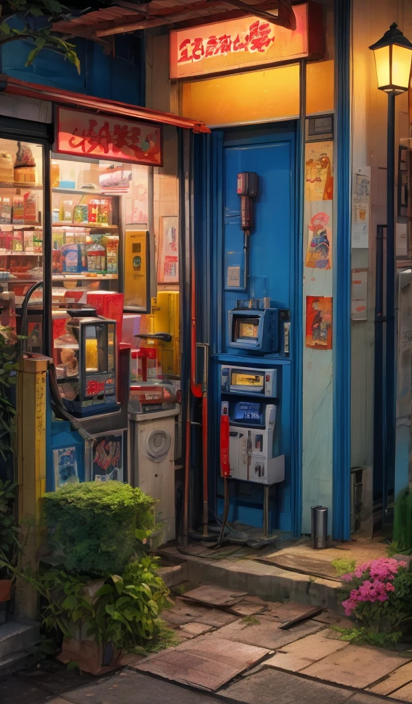 ** Prompt for Magical Scene in Japan :**

 A night scene an old neighborhood in Japan ,  where the clear sky is filled with stars ,  shining like small lanterns in the sky . in the center,  a very old convenience store with frayed wooden walls and a faded sign in Japanese characters.  The glass doors are a bit blurry ,  revealing an interior illuminated by lights warm and soft . 

 Next to the store ,  a modern and colorful soda machine contrasts with the vintage environment ,  its LED lights flashing blue and red ,  reflecting on the stone sidewalks .  Low street lamps cast a yellowish light ,  creating a cozy and nostalgic environment . At the entrance,  a small bell , attached to the door ,  wobbles slightly with the night breeze .  Some cherry leaves fall softly ,  completing the mystical and tranquil setting of this magical night .(anime style 32K, HDR, UHD, intricate detail, extremely intricate detail, hyperrealistic, extremely realistic, high quality, vivid color, extremely detailed).