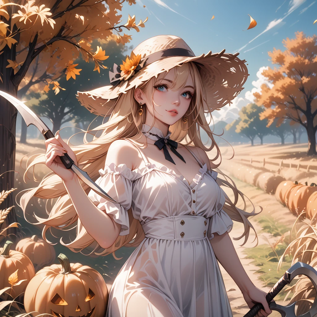 a ghostly see-through ethereal figure in a flowing white dress, big straw hat, with long blonde hair, piercing glowing teal eyes, holding a reaper sickle, standing in a sunny wheat field with orange trees in the background, orange leaves, pumpkins, fall vibes, perfect face
