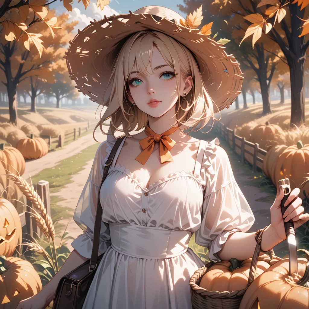 a ghostly see-through ethereal figure in a flowing white dress, big straw hat, with long blonde hair, piercing glowing teal eyes, holding a reaper sickle, standing in a sunny wheat fieldwith a scarecrow  with orange trees in the background, orange leaves, pumpkins, fall vibes, perfect face
