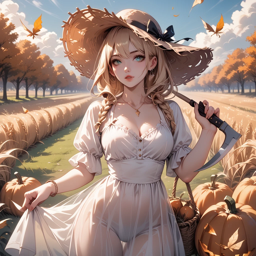 a ghostly see-through ethereal figure in a flowing white dress, big straw hat, with long blonde hair, piercing glowing teal eyes, holding a reaper sickle, standing in a sunny wheat fieldwith a scarecrow with orange trees in the background, orange leaves, pumpkins, fall vibes, perfect face
