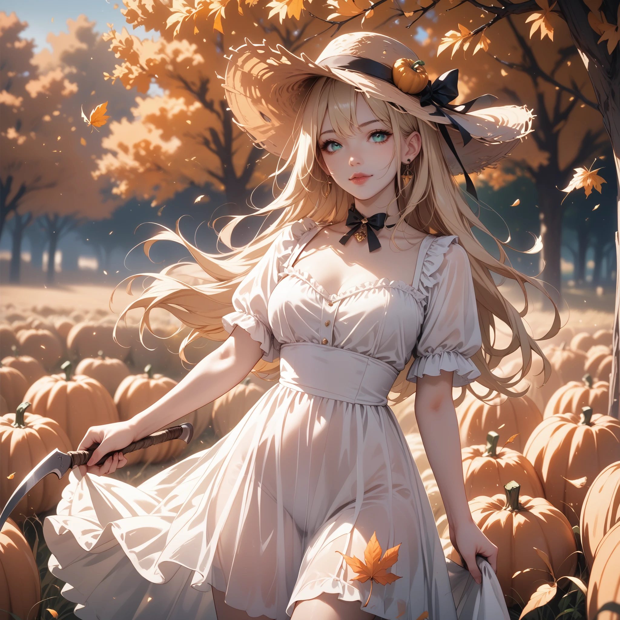 a ghostly see-through ethereal figure in a flowing white dress, big straw hat, with long blonde hair, piercing glowing teal eyes, holding a reaper sickle, standing in a sunny wheat fieldwith a scarecrow with orange trees in the background, orange leaves, pumpkins, fall vibes, perfect face
