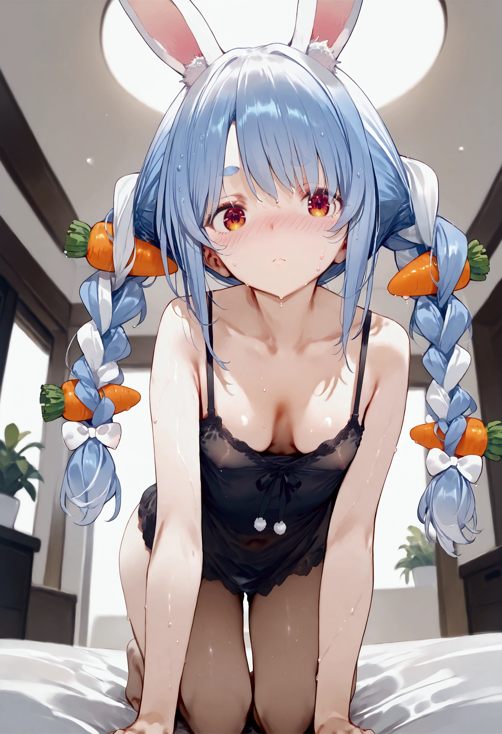 (a girl,masterpiece,8k,nude,choker,stockings, bandage on leg, smile, flat chest), vivid colors, blue hair, aqua from kinosuba, landscape, flat chest, little body, cute body, sitting on chair, food, restaurants, 